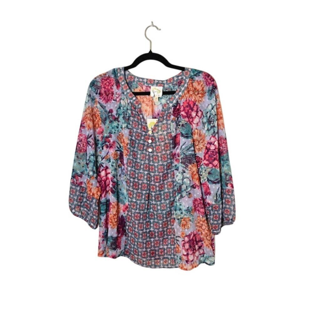 Fig & Flower Anthropologie NWT Floral Peasant Top Size LP Sheer Mixed Print
